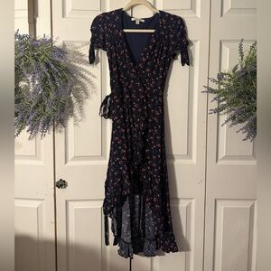 miami Navy Floral Wrap High-Low Dress